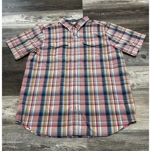 ExOfficio Estacado Red Blue Mens XL Madras Plaid Short Sleeve Fishing‎ Shirt